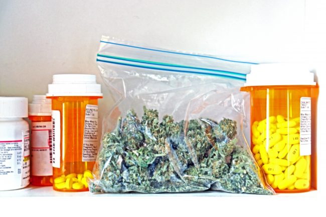 Bag of cannabis in medicine cabinet