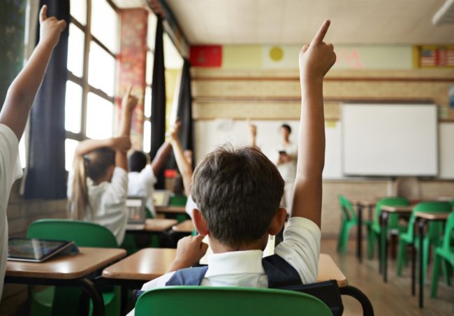 Rear view of boy with raised hand in class