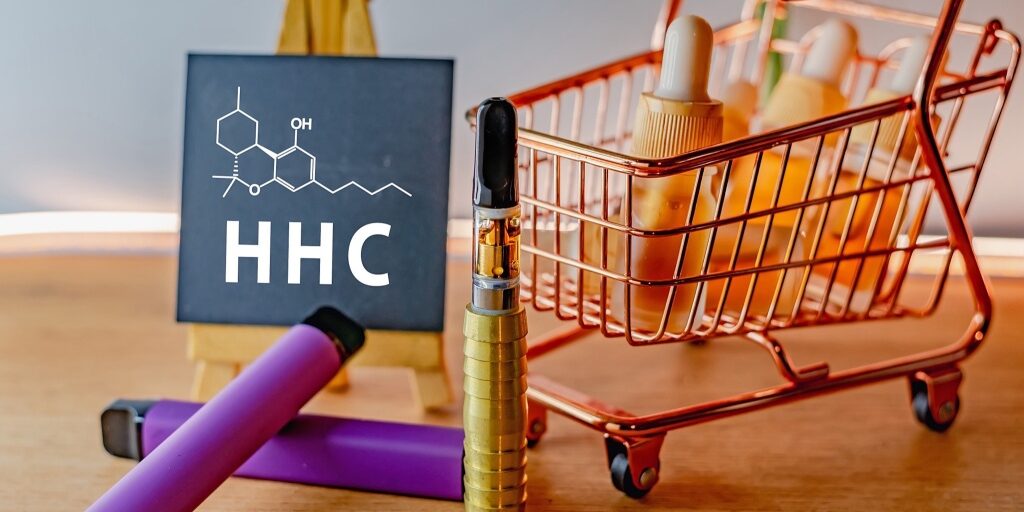 HHC distillate cartridge Vape Hexahydrocannabinol a psychoactive half synthetic cannabinoid and CBD oils